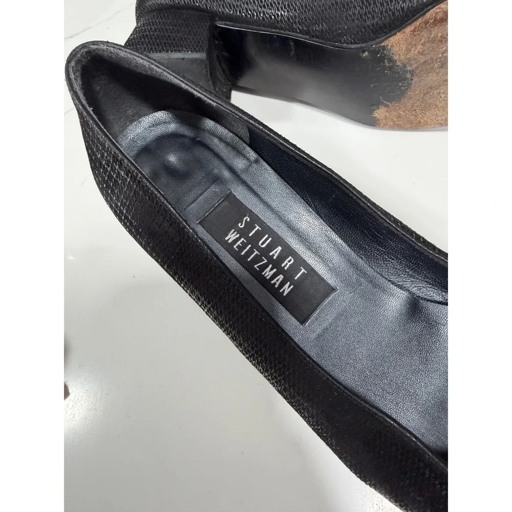 Stuart Weitzman Black Textured Square Toe Block‎ Heel Pumps 8.5B 4W 67060 Spain